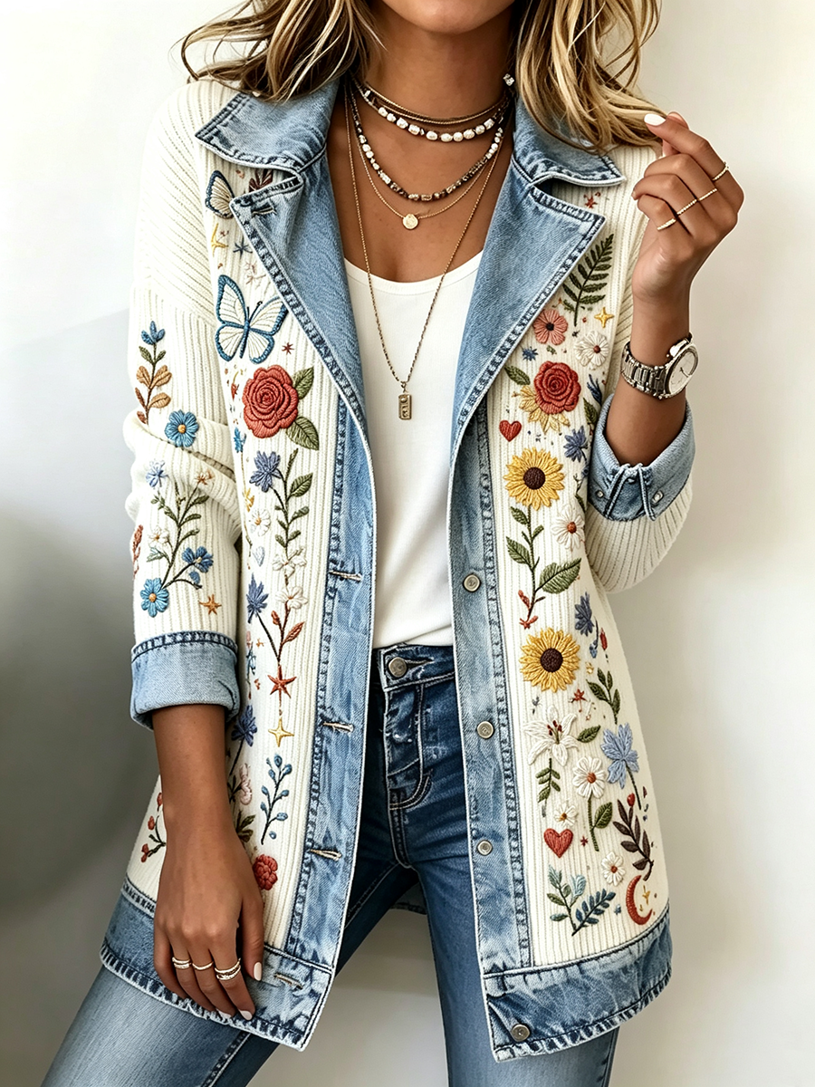 Women's Patchwork Art Denim Collar Jacket