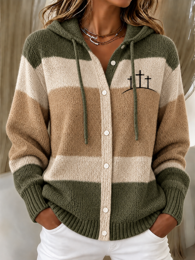 Women'S Faith Print Casual Knitt Hooded Cardigan