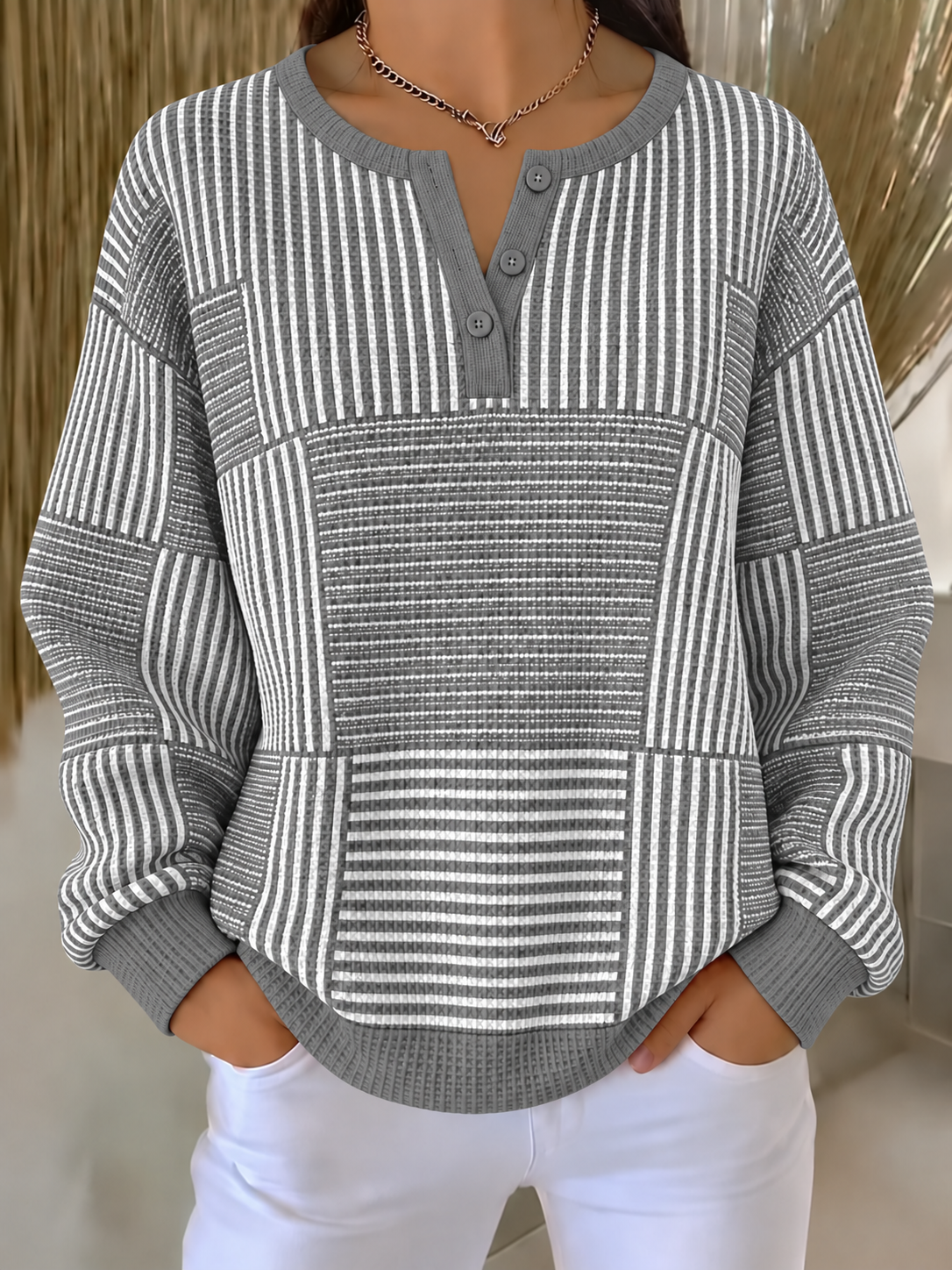 Women Abstract Henley Collar Printing Casual Spring/Fall Long Sleeve Sweatshirt
