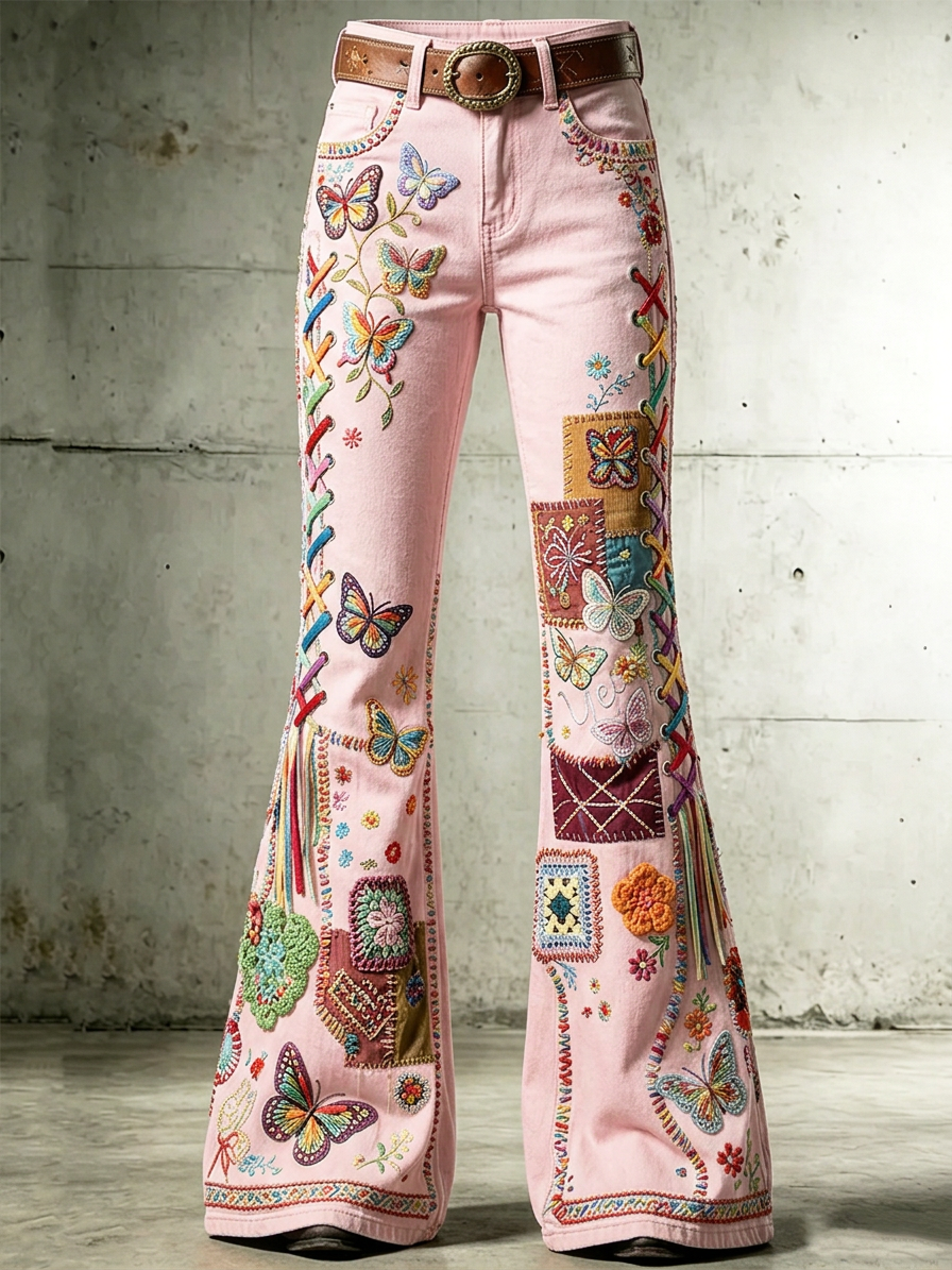 Women's Pink Art Print Flared Trousers