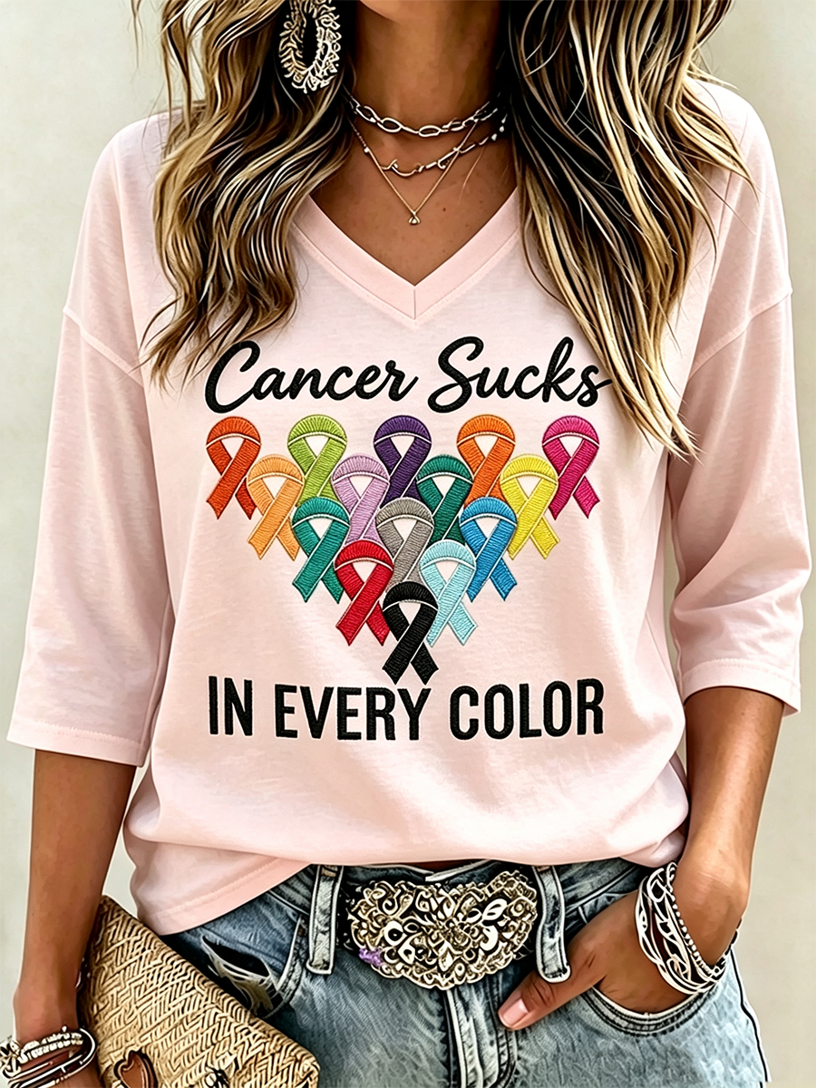Women's Fight Cancer In All Colors Cancer Awareness Print T-shirt