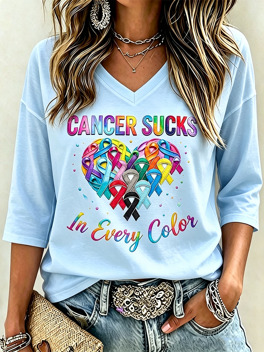 Women's Fight Cancer In All Colors Cancer Awareness Print T-shirt
