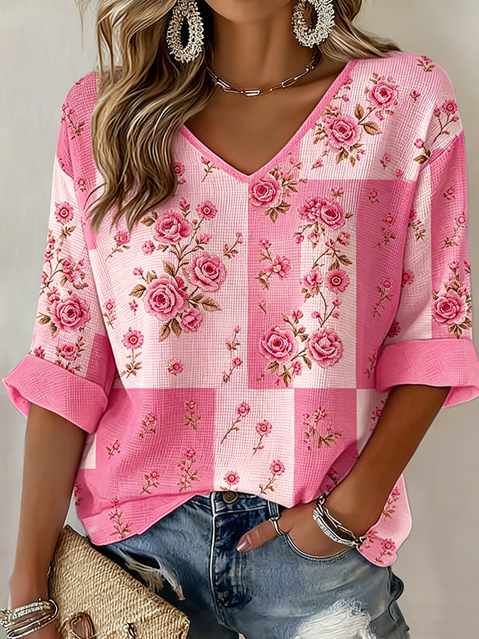 Women'S Casual Plaid Floral Waffle Top