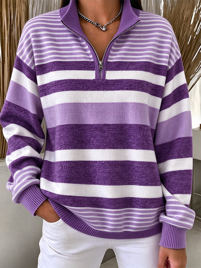 Women'S Striped Zipper Sweatshirt