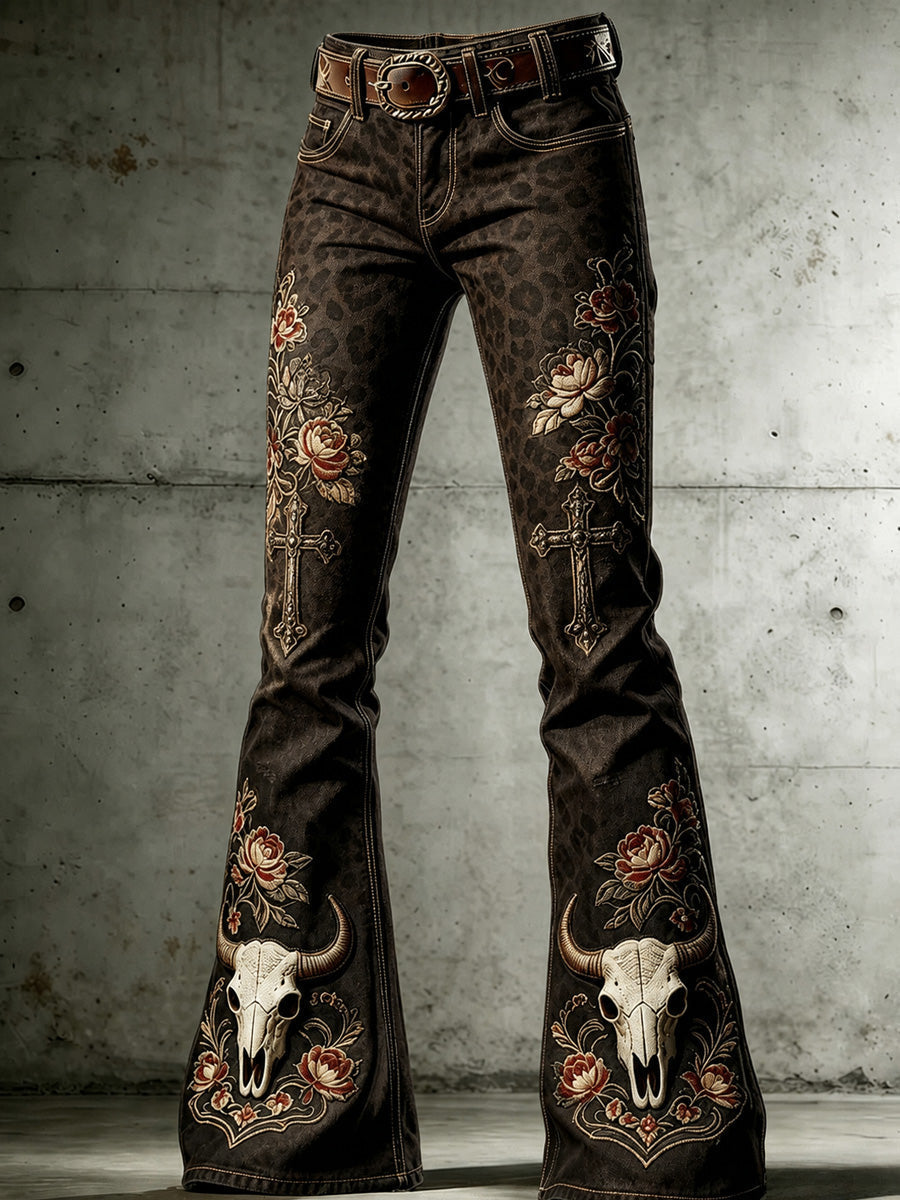 Women's Retro Western Style Art Print Flare Printed Flared Trousers