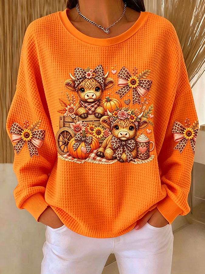 Women's Fall Highland Cow Pumpkin Waffle Knit Top