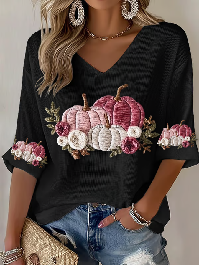 Women'S Pink Embroidered Pumpkin Flowers  Print Waffle  Top