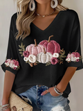 Women'S Pink Embroidered Pumpkin Flowers  Print Waffle  Top