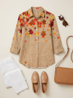 Women's Autumn Fall Maple Leaf Printed Button Down Shirt