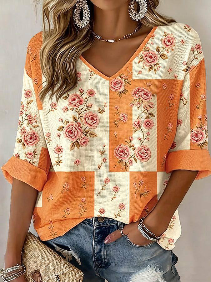 Women'S Casual Plaid Floral Waffle Top