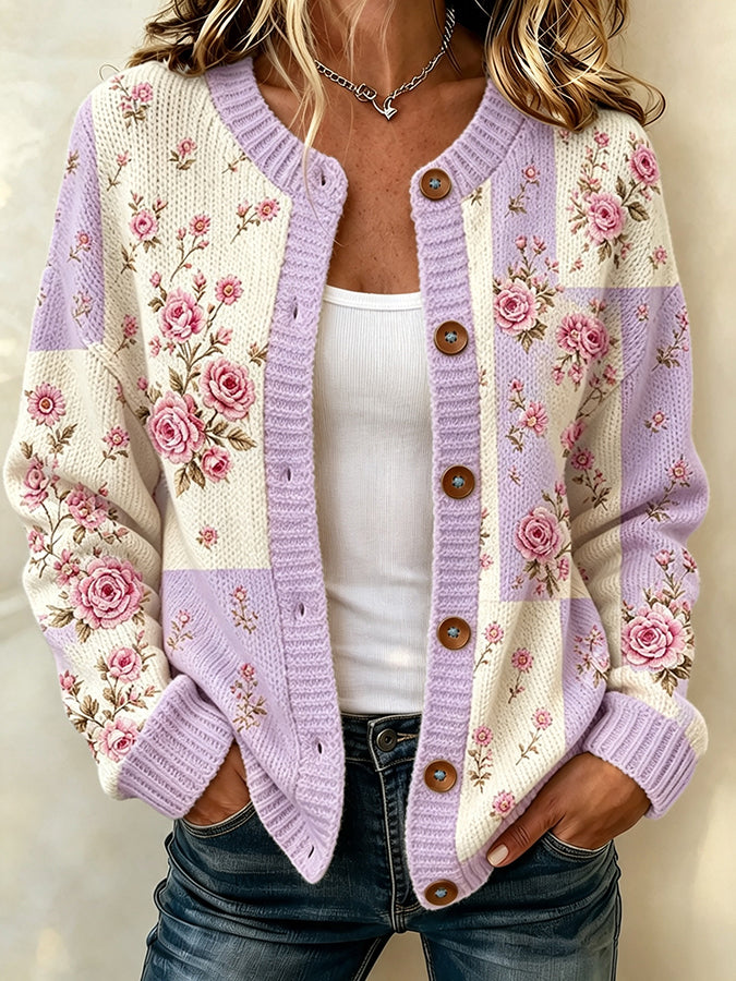 Women's Floral Embroidery Patchwork Knit Cardigan