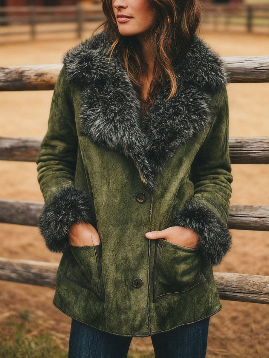 Women's Retro Suede Collar Mid-Length Coat