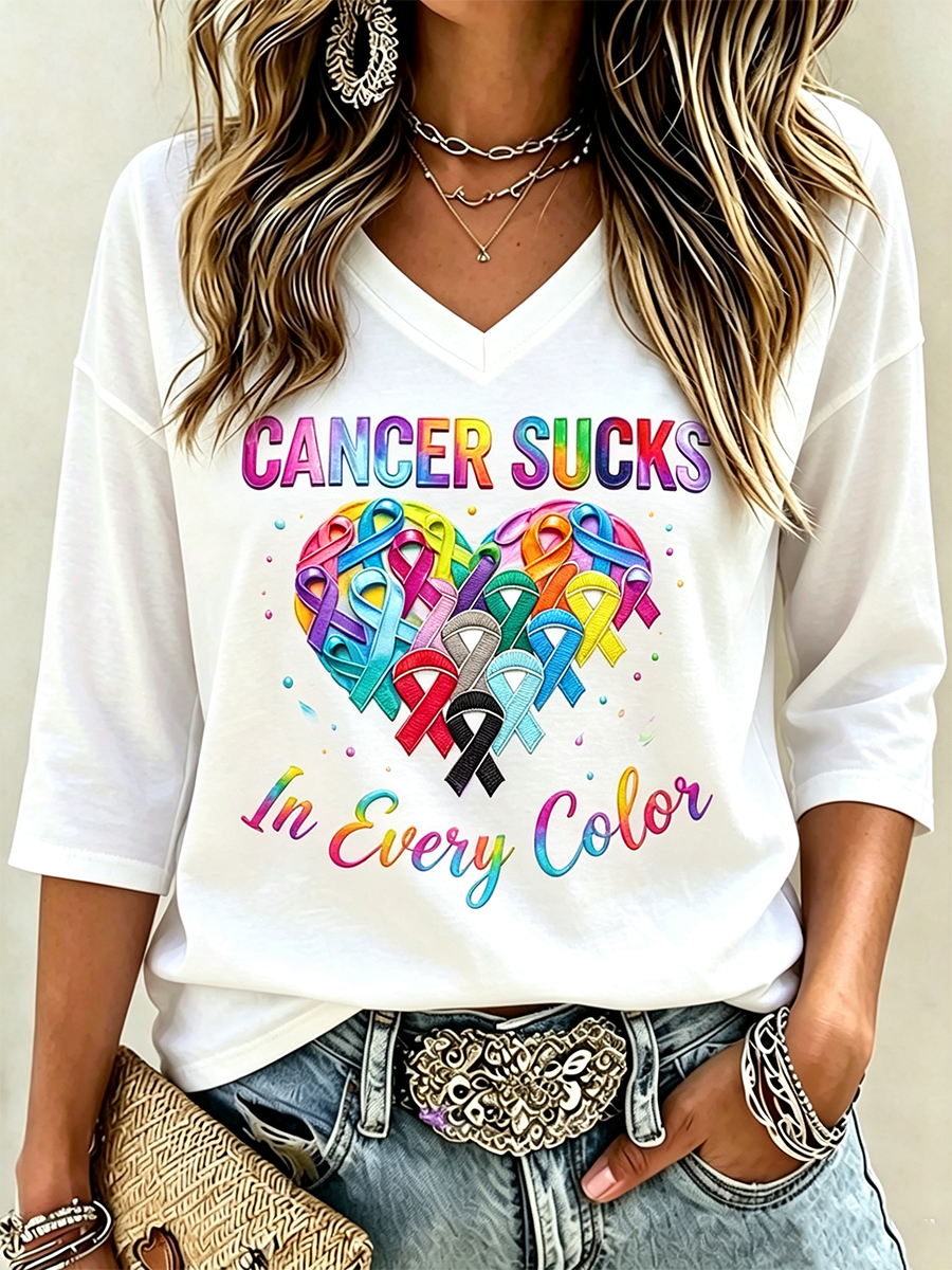 Women's Fight Cancer In All Colors Cancer Awareness Print T-shirt