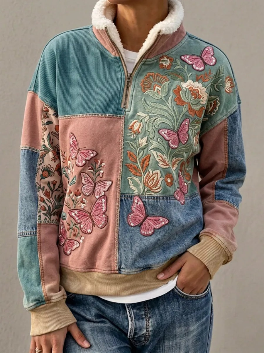Women's Butterfly & Flower-Themed Stand-Up Collar Fleece Sweater
