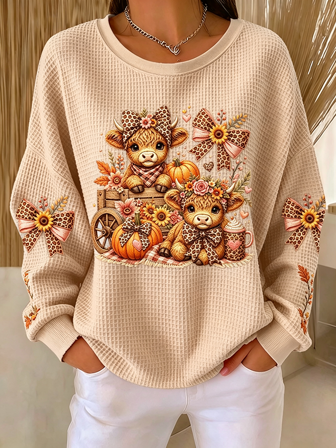 Women's Fall Highland Cow Pumpkin Waffle Knit Top