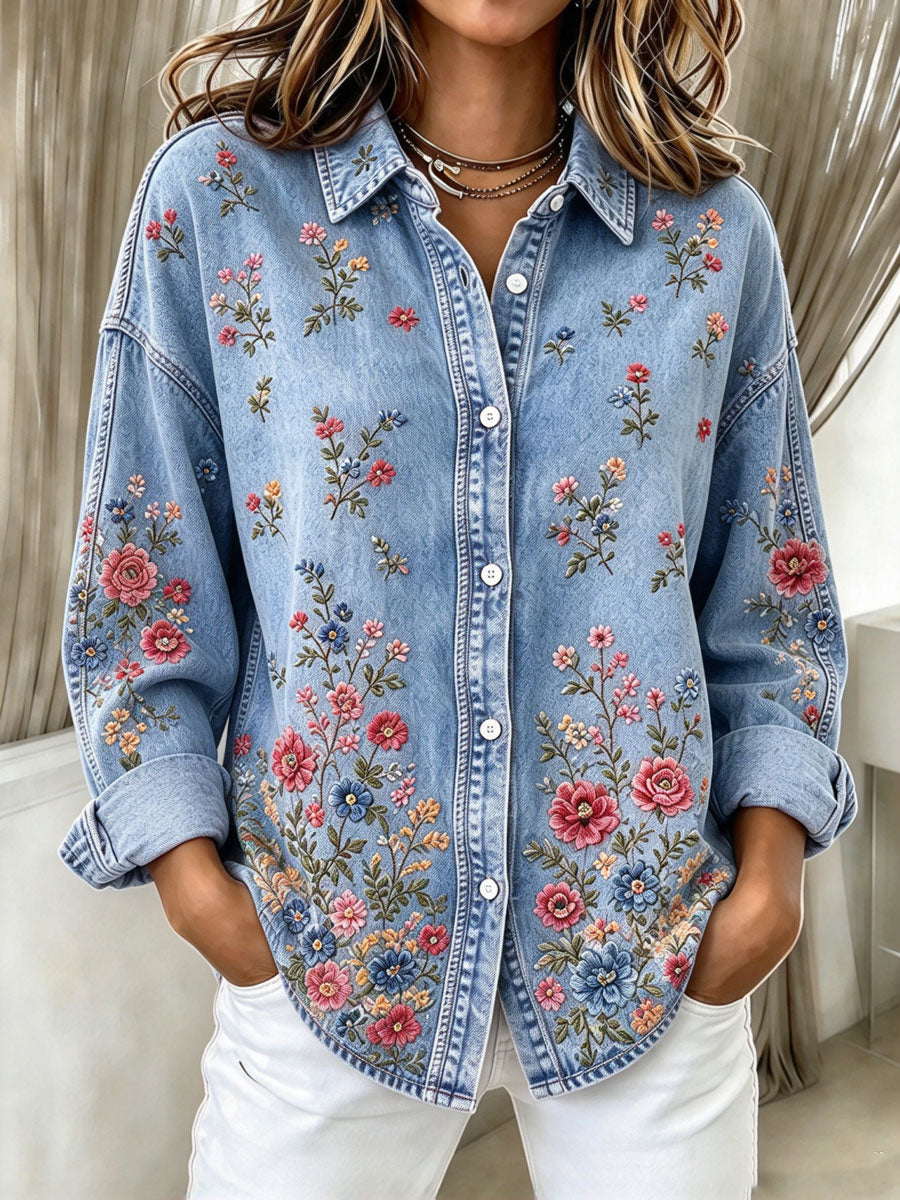 Women'S Retro Floral Pattern Long Sleeved Shirt