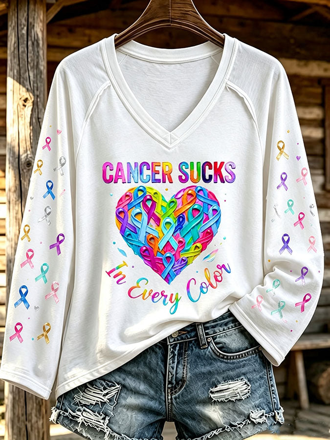 Women'S Cancer Sucks In All Color Printed Long Sleeve T-Shirt