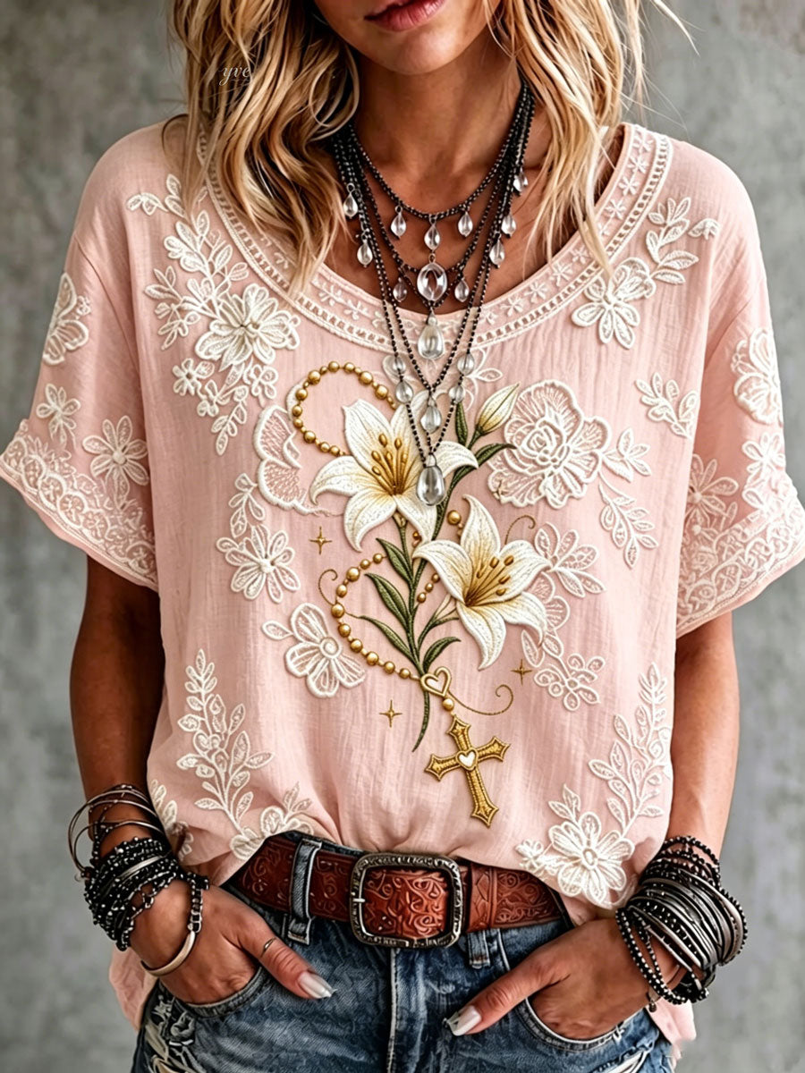 Women's Vintage Lily Flower Cross Art Print Short-sleeved T-shirt