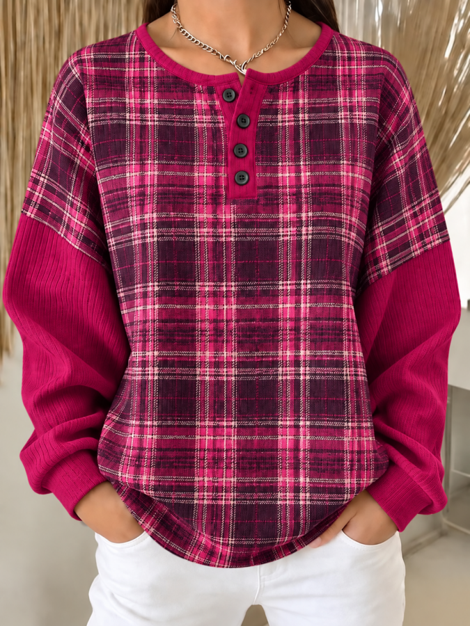 Women Plaid Henley Collar Casual Spring/Fall Long Sleeve Sweatshirt