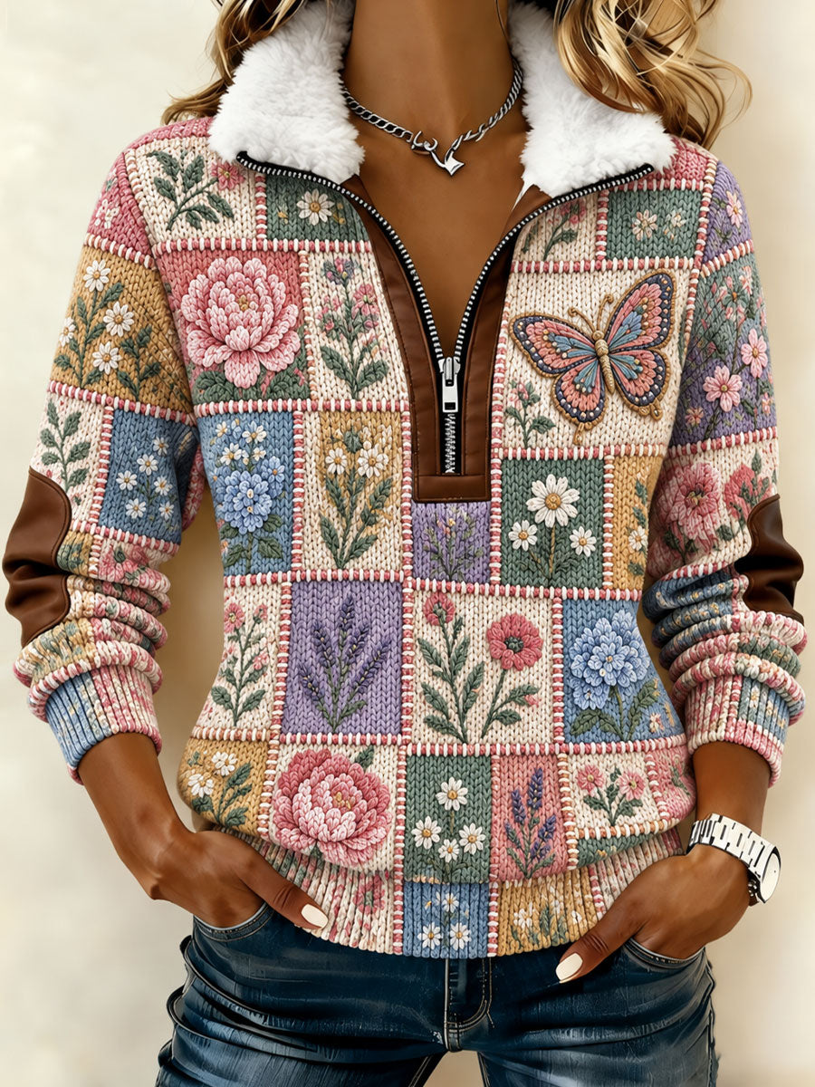 Women's Patchwork Art Plush Collar Top