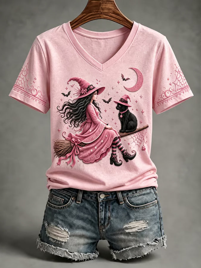 Women'S Witch Printed Short Sleeve Knitted Shirt