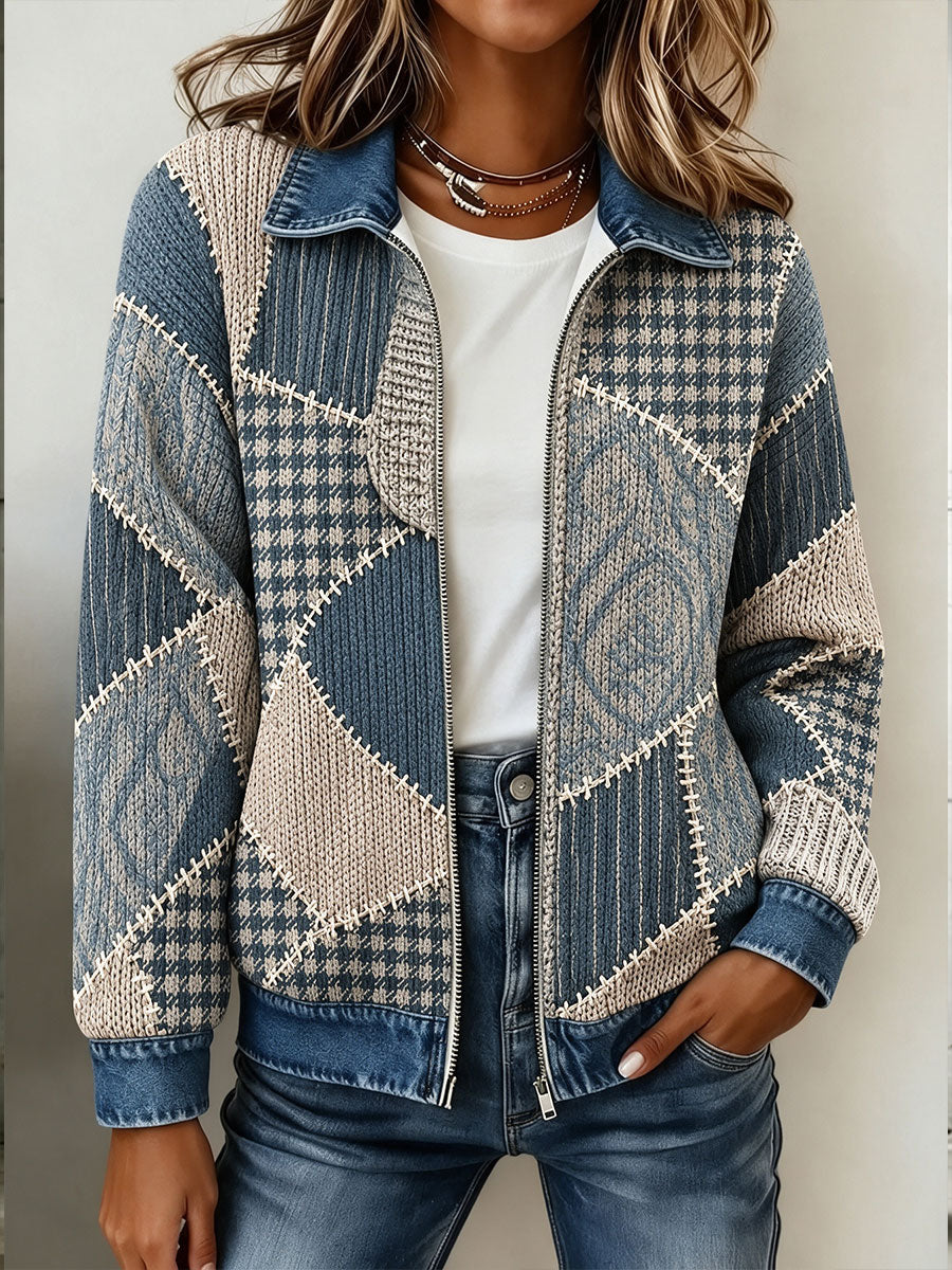 Women's  Patchwork Knitted Zipper cardigan