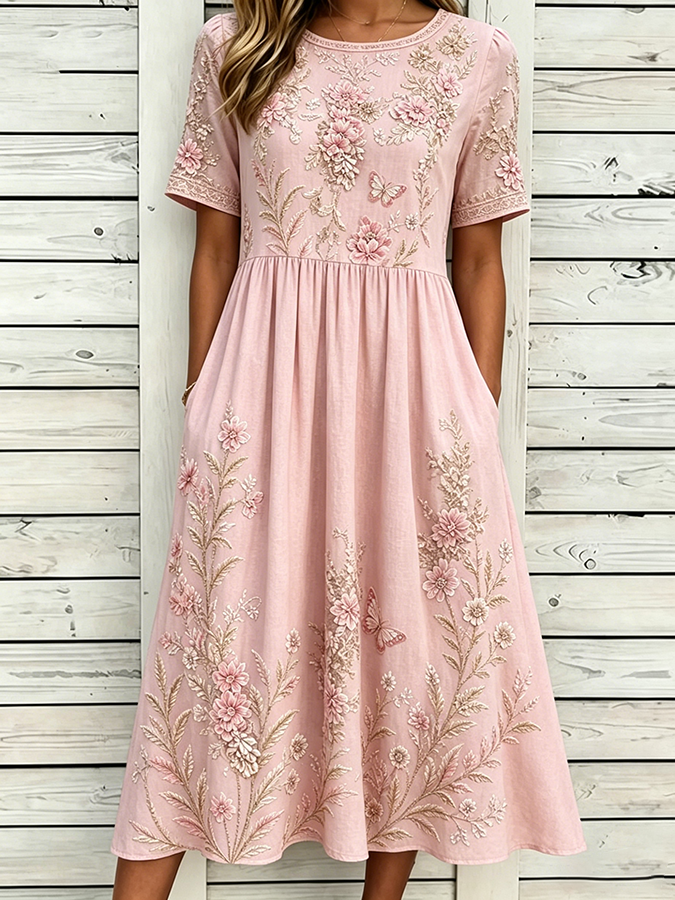Women's Floral print Cotton Linen Short-Sleeved Dress