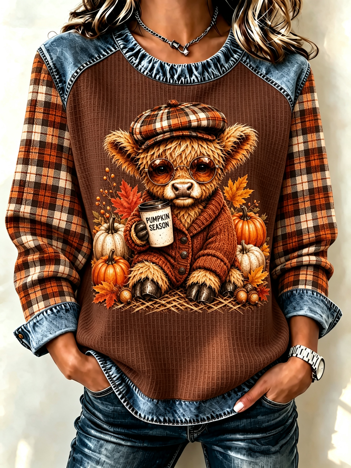 Women's Retro Highland Cattle Print Casual Long Sleeved Top