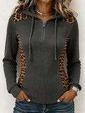 Women's Retro Leopard Print Patchwork Half-Zip Hooded Sweatshirt