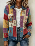 Women's Retro Floral & Butterfly Pattern Knit Zip-Up Cardigan