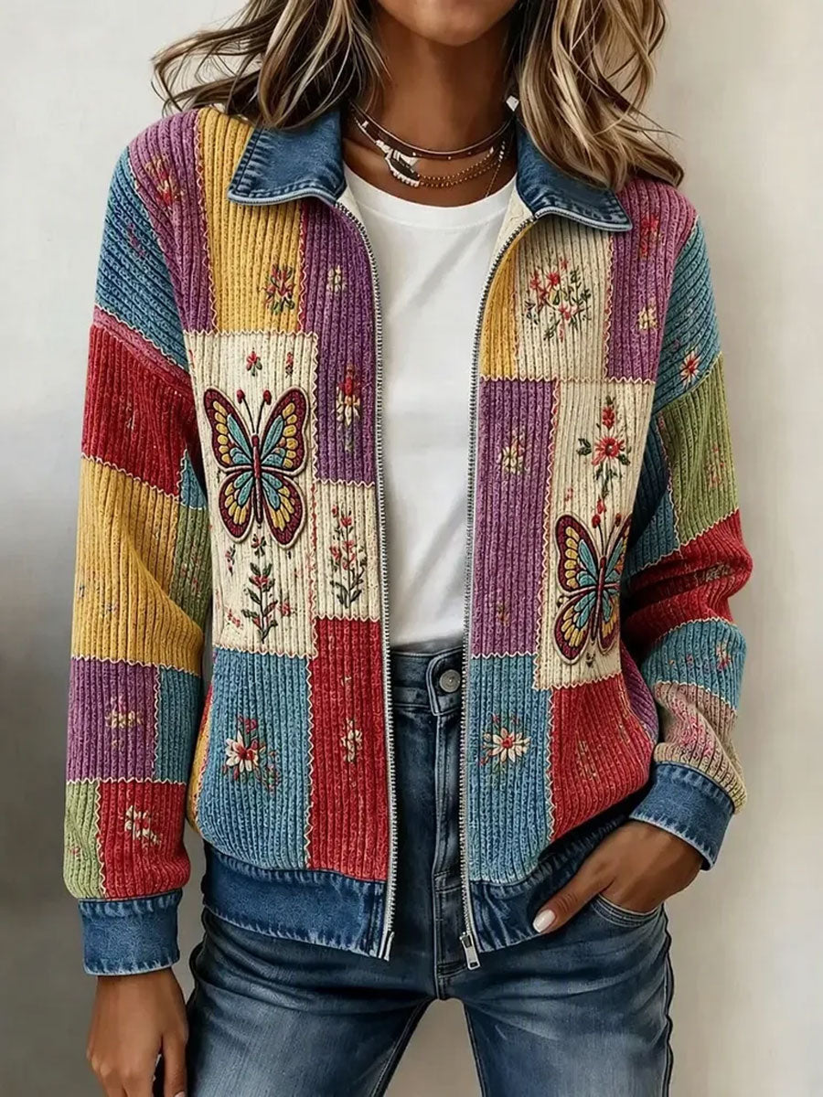 Women's Retro Floral & Butterfly Pattern Knit Zip-Up Cardigan