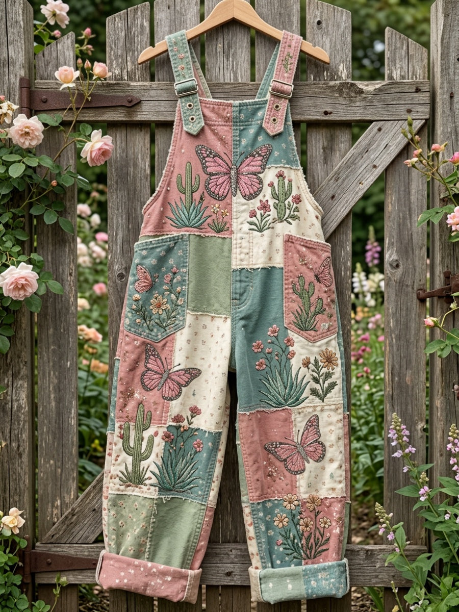 Women's Butterfly & Floral Pattern Vintage Overalls