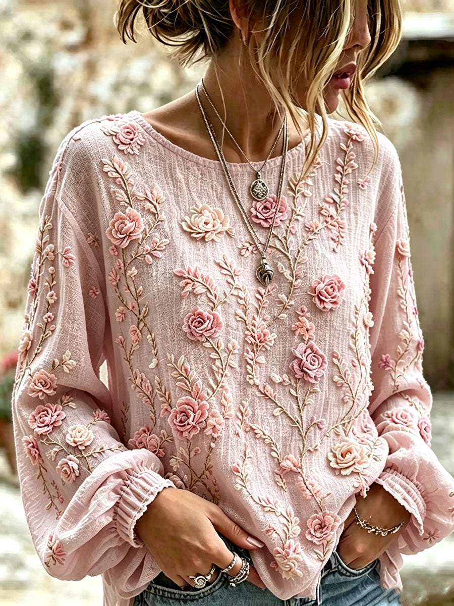 Women'S Cotton Linen Flower Long Sleeved Shirt