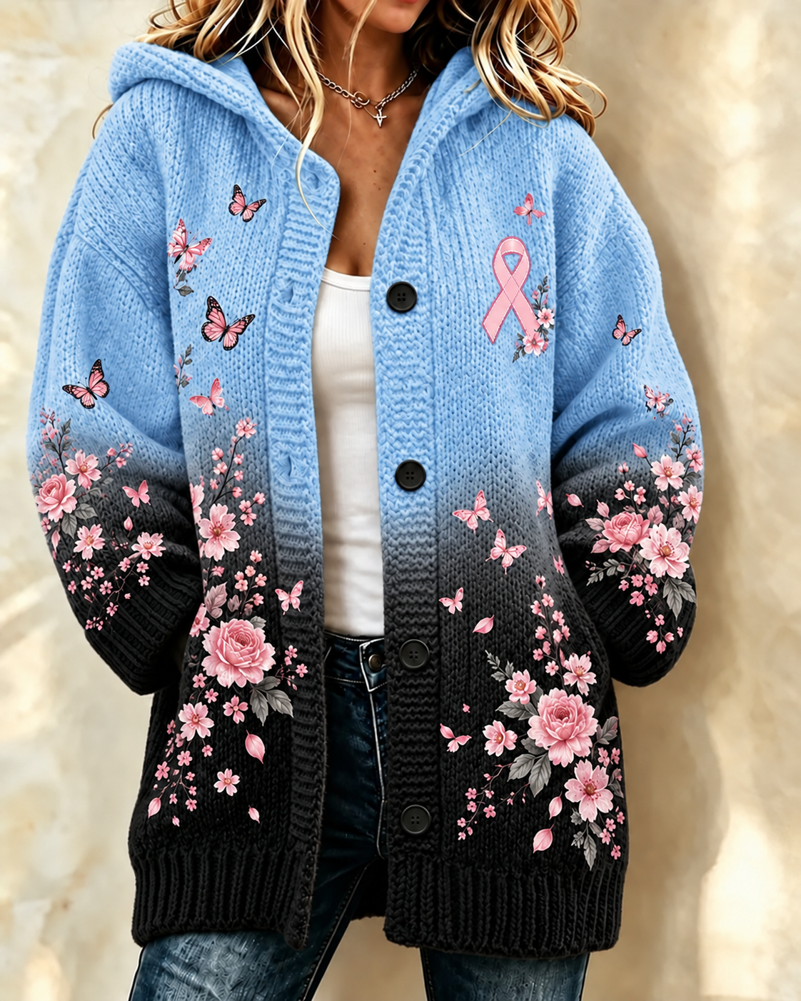 Women'S Plant Pollen Red Breast Cancer Promotion Prevention Printed Casual Cardigan