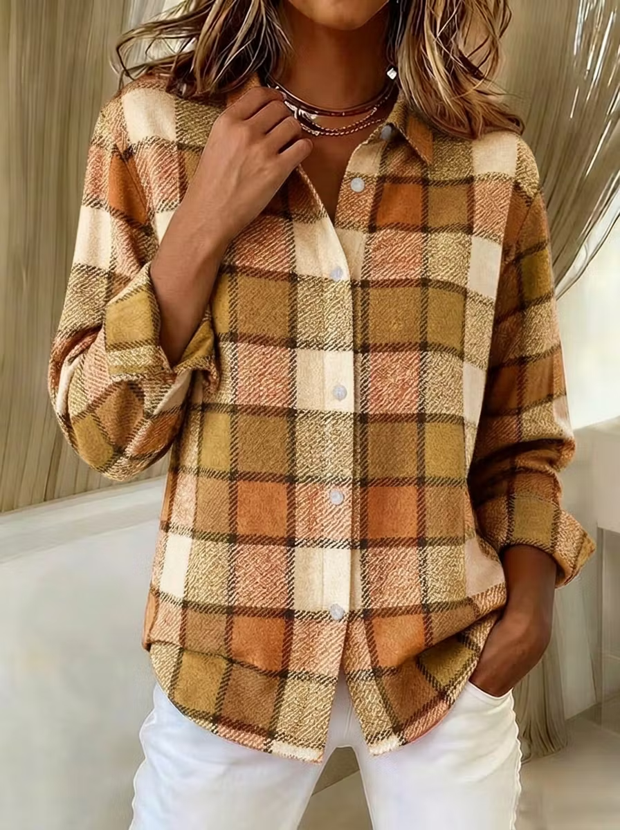 Women'S  Casual  Print Lapel Long Sleeve Shirt