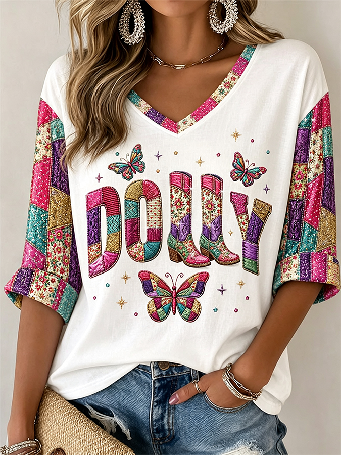 Women's  Commemorative Printed Casual V Neck Top
