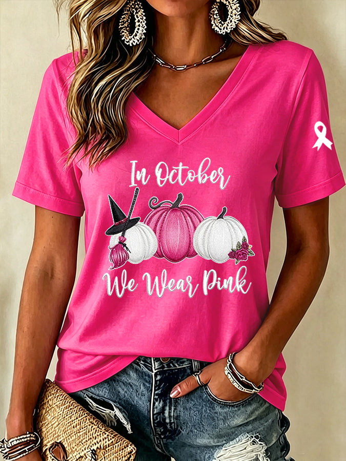 Women'S In October We Wear Pink Print Short-Sleeve T-Shirt