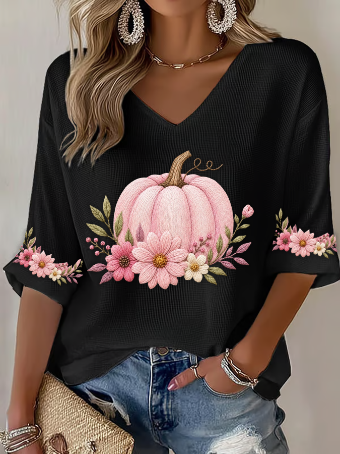 Women'S Pink Embroidered Pumpkin Flowers  Print Waffle  Top