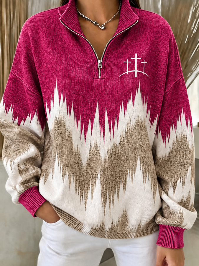 Women'S Geometric Stand-Up Collar Casual Long-Sleeved Sweatshirt For Spring And Autumn