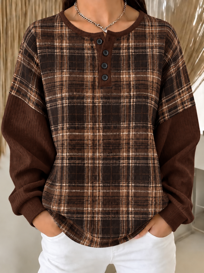 Women Plaid Henley Collar Casual Spring/Fall Long Sleeve Sweatshirt