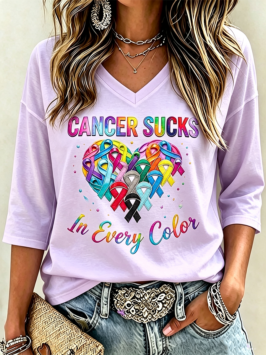 Women's Fight Cancer In All Colors Cancer Awareness Print T-shirt