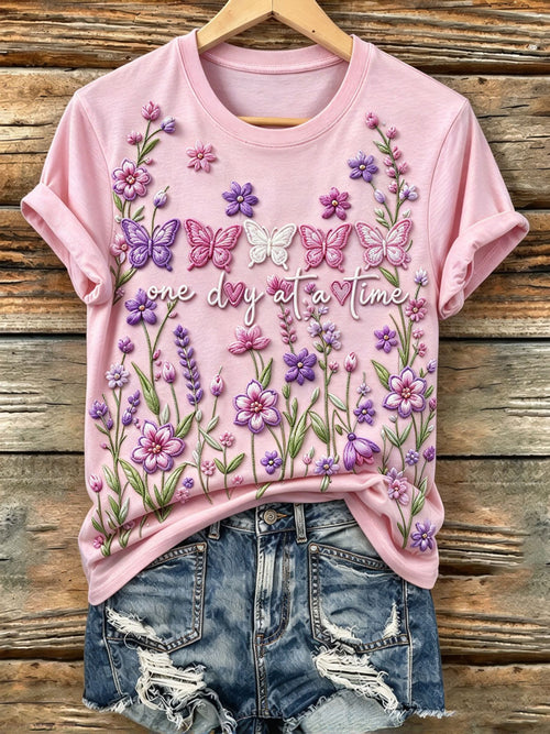 Ladies' Butterfly Flower Pattern Casual Short Sleeve Round Neck T-Shirt