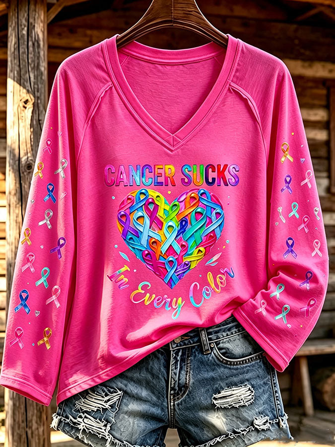 Women'S Cancer Sucks In All Color Printed Long Sleeve T-Shirt