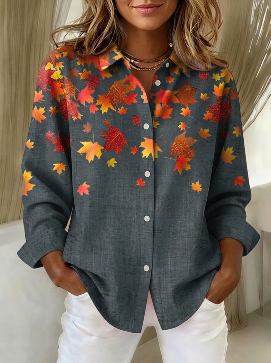 Women's Autumn Fall Maple Leaf Printed Button Down Shirt