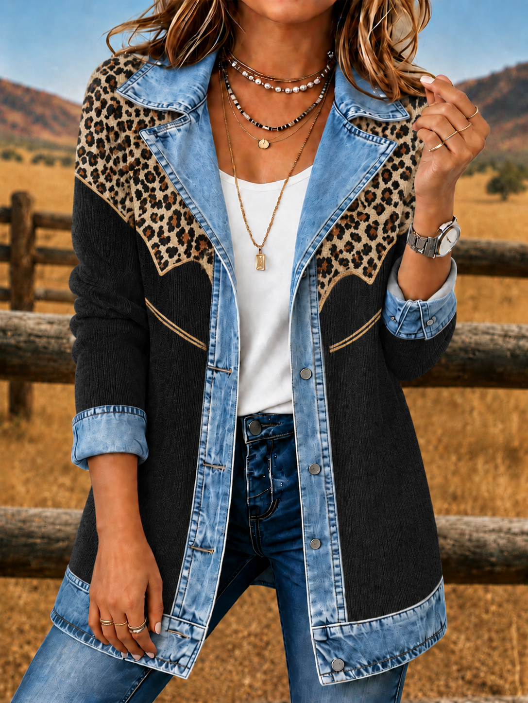 Women'S Western Retro Casual Denim Patch Fashionable Long Sleeved Jacket