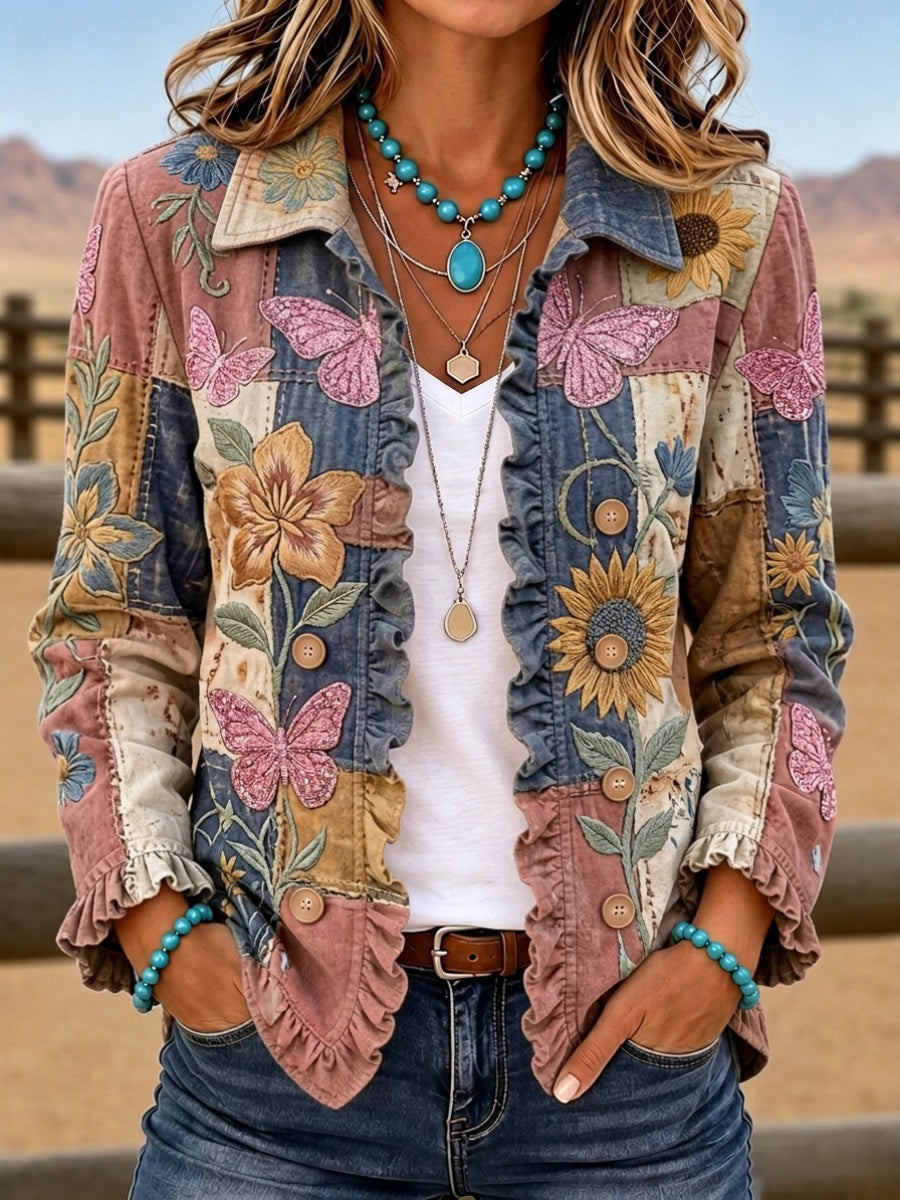 Women'S Butterfly & Floral Patterned Casual Western Style Jacket