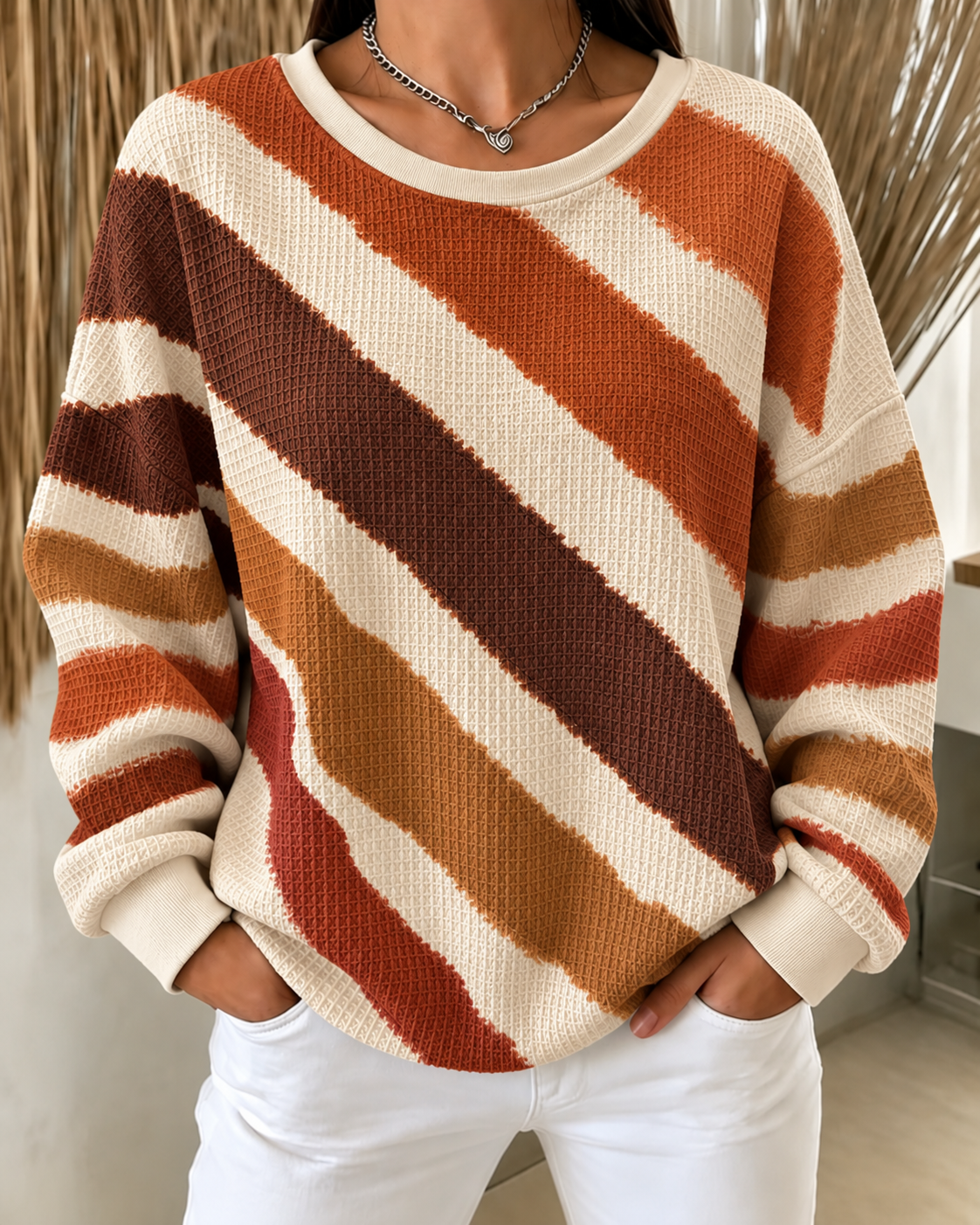 Women'S Autumn Striped Waffle Sweatshirt