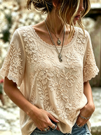 Women's Retro Bohemian Style Floral Embroidery Print Lace Short-sleeve Top