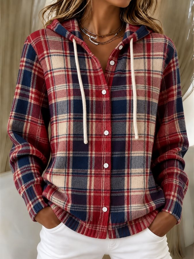 Women'S Plaid Print Knitt Hooded Cardigan