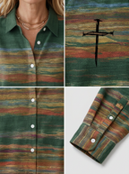 Women's Autumn Faith Cross Striped Printed Button-up Shirt